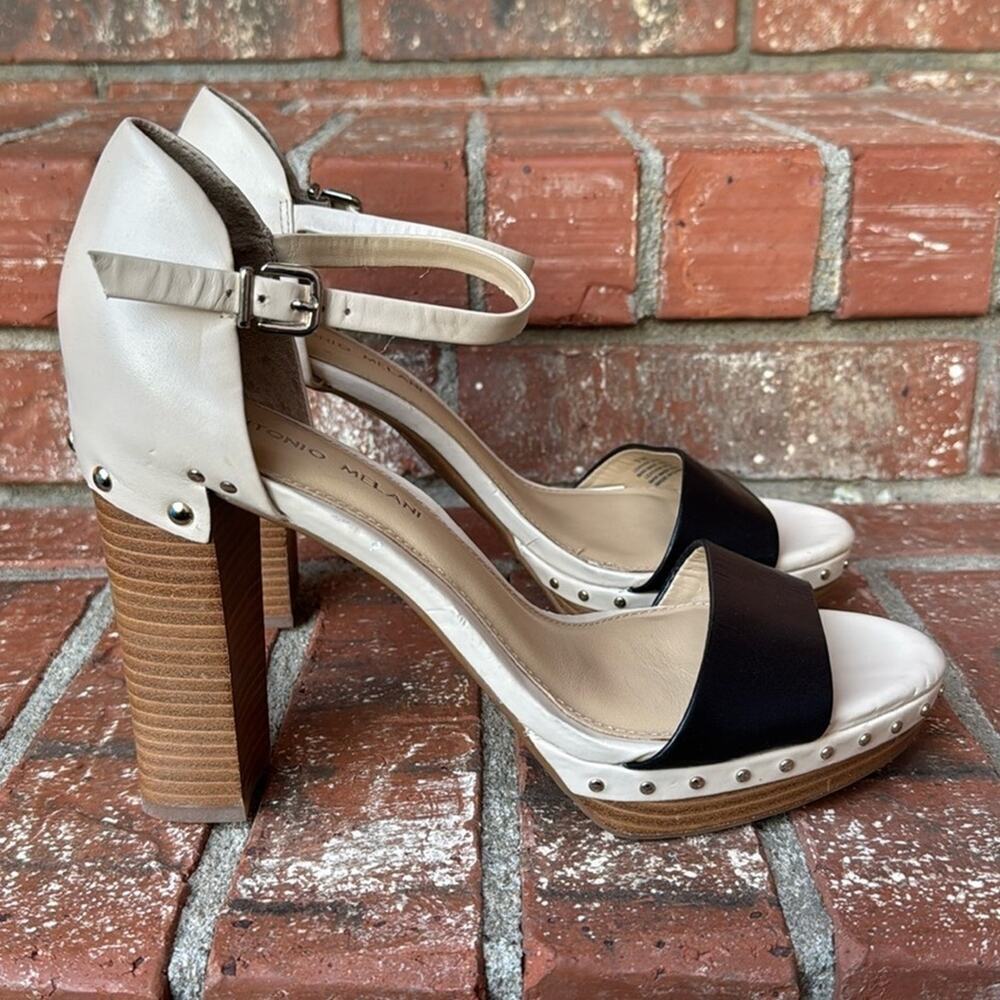 Antonio Melani Black Cream Leather Wooden Platform Studded Heel Shoes Womens 9.5